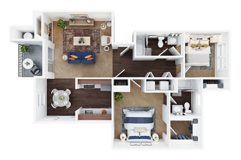 Floor plan for 2 beds, 2 baths, 970 sqft